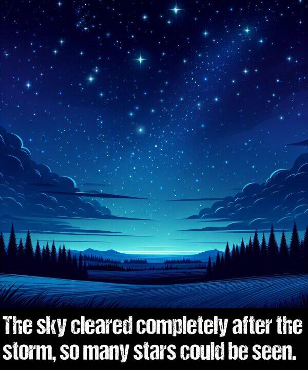 completely: The sky cleared completely after the storm, so many stars could be seen.