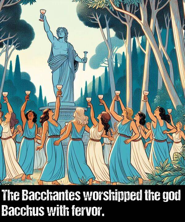 god: The Bacchantes worshipped the god Bacchus with fervor.