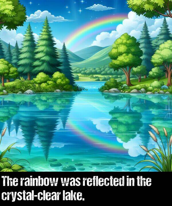 reflected: The rainbow was reflected in the crystal-clear lake.