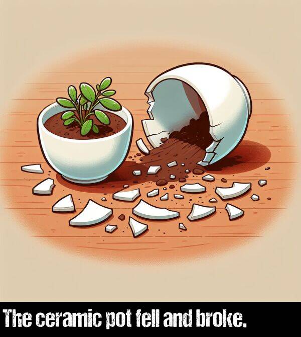 fell: The ceramic pot fell and broke.