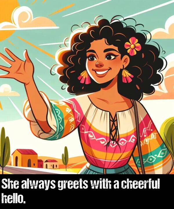 with: She always greets with a cheerful hello.