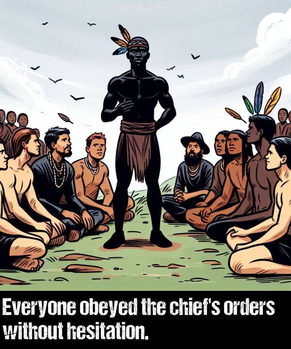 without: Everyone obeyed the chief's orders without hesitation.