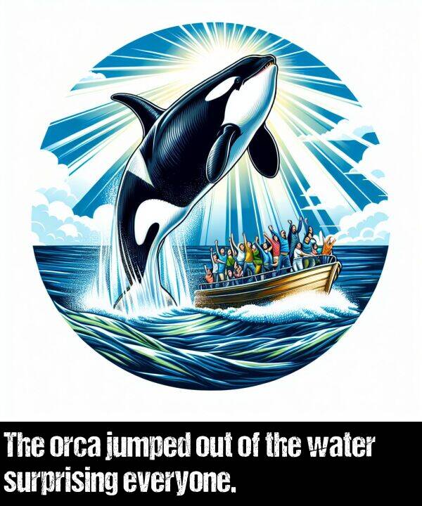 water: The orca jumped out of the water surprising everyone.