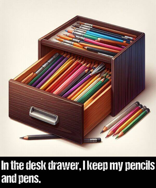keep: In the desk drawer, I keep my pencils and pens.