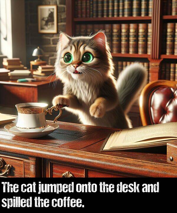 cat: The cat jumped onto the desk and spilled the coffee.