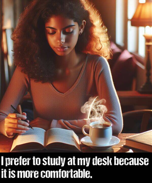 because: I prefer to study at my desk because it is more comfortable.
