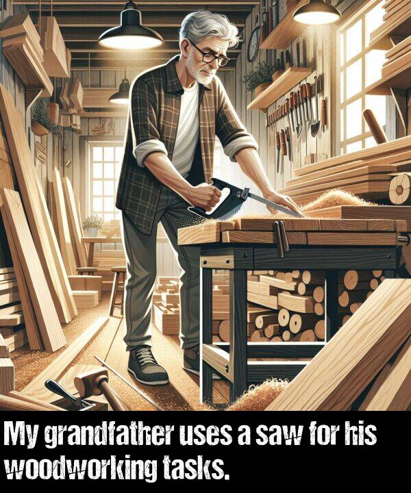tasks: My grandfather uses a saw for his woodworking tasks.