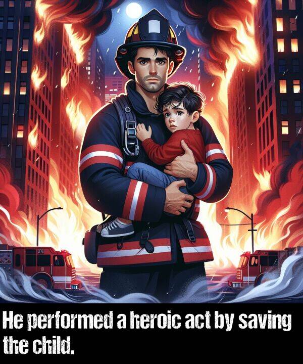 act: He performed a heroic act by saving the child.