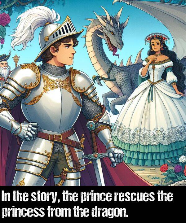 prince: In the story, the prince rescues the princess from the dragon.
