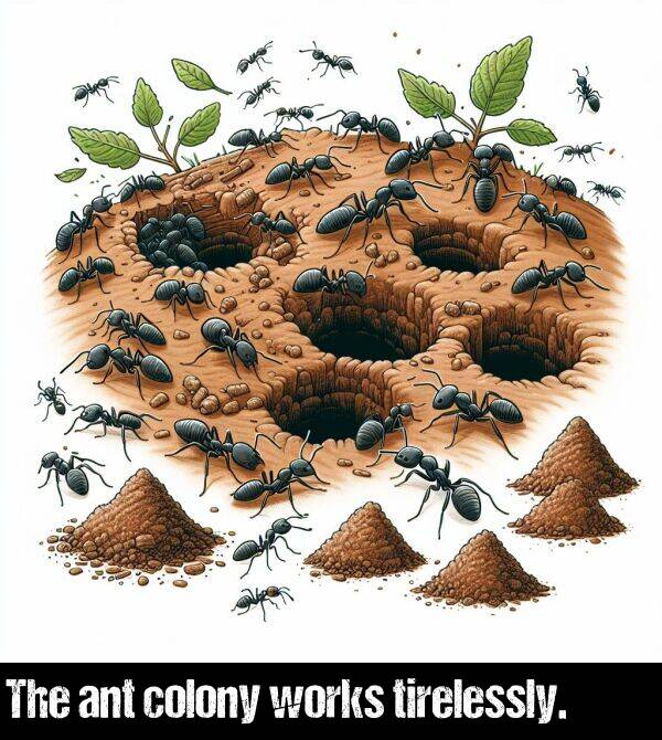 works: The ant colony works tirelessly.