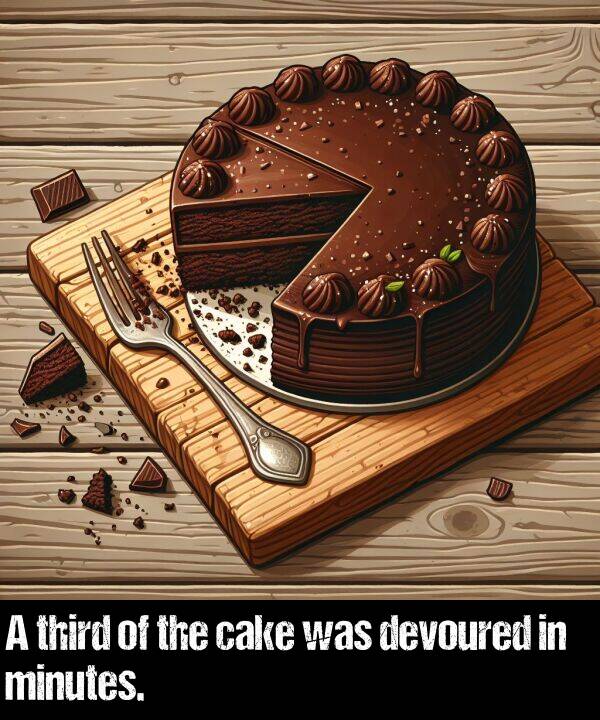devoured: A third of the cake was devoured in minutes.
