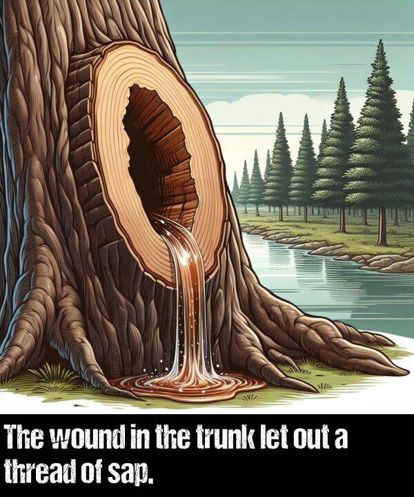 let: The wound in the trunk let out a thread of sap.