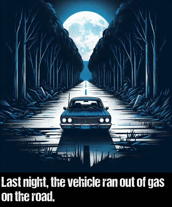 vehicle: Last night, the vehicle ran out of gas on the road.