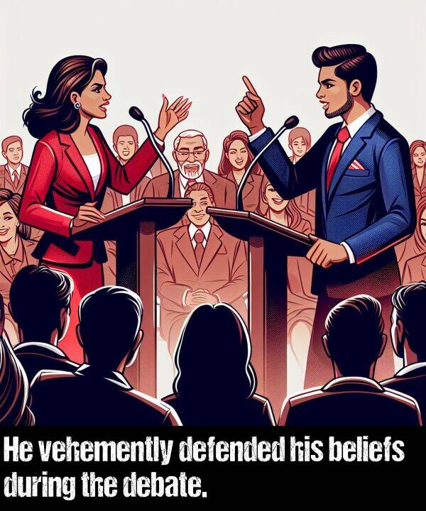 vehemently: He vehemently defended his beliefs during the debate.