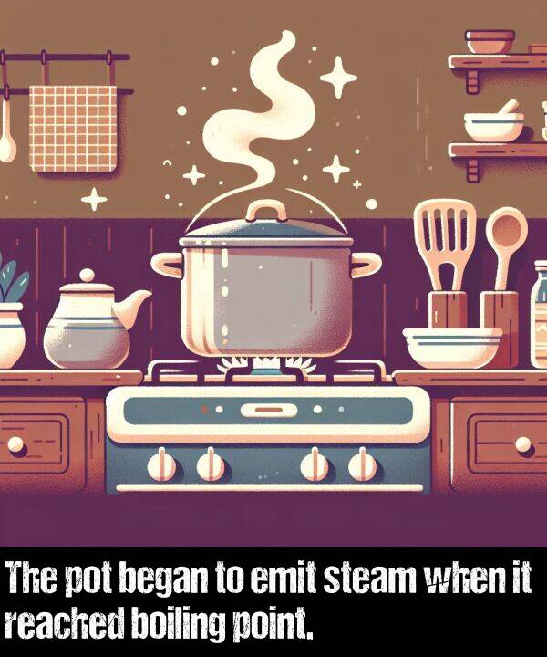 boiling: The pot began to emit steam when it reached boiling point.