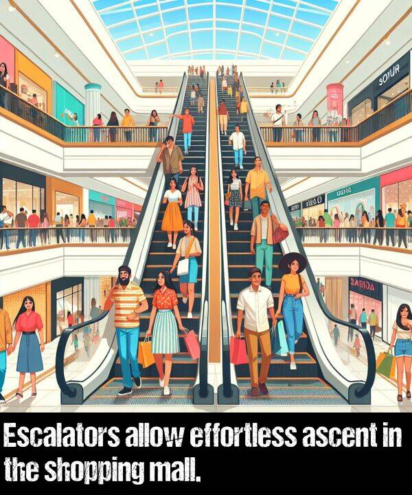 allow: Escalators allow effortless ascent in the shopping mall.