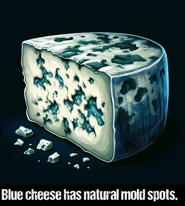 has: Blue cheese has natural mold spots.