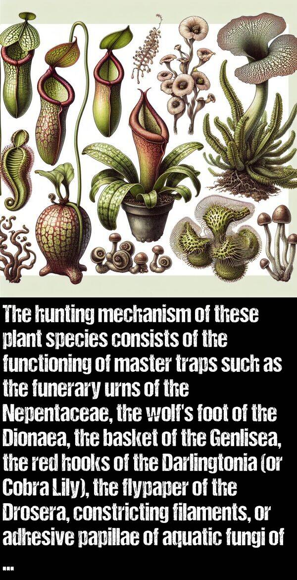 basket: The hunting mechanism of these plant species consists of the functioning of master traps such as the funerary urns of the Nepentaceae, the wolf's foot of the Dionaea, the basket of the Genlisea, the red hooks of the Darlingtonia (or Cobra Lily), the flypaper of the Drosera, constricting filaments, or adhesive papillae of aquatic fungi of the Zoophagous type.
