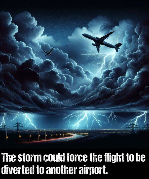 another: The storm could force the flight to be diverted to another airport.