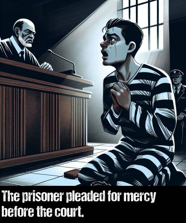 before: The prisoner pleaded for mercy before the court.