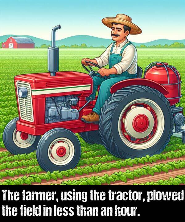 less: The farmer, using the tractor, plowed the field in less than an hour.