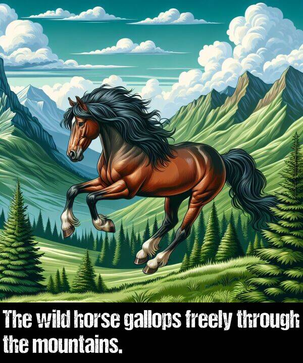 through: The wild horse gallops freely through the mountains.