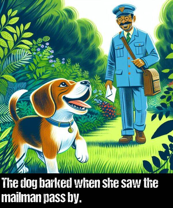 when: The dog barked when she saw the mailman pass by.