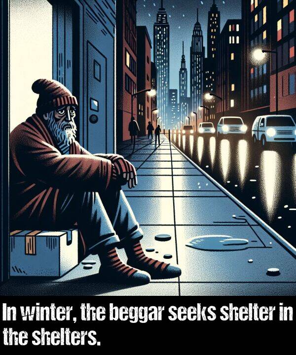 beggar: In winter, the beggar seeks shelter in the shelters.
