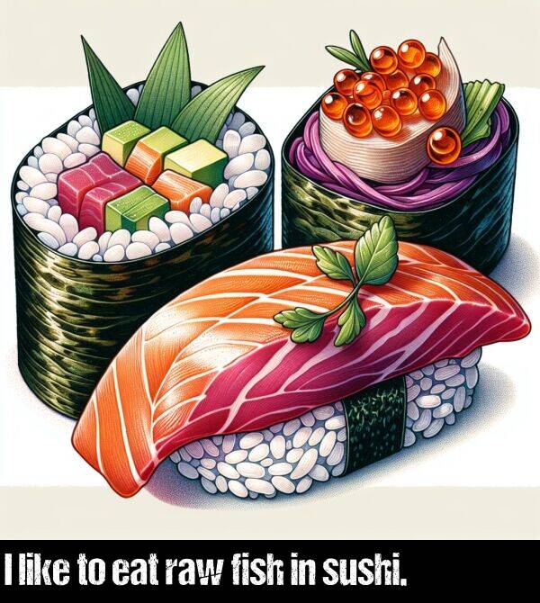like: I like to eat raw fish in sushi.