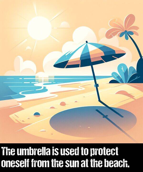 used: The umbrella is used to protect oneself from the sun at the beach.