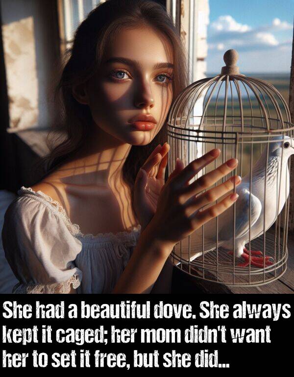 kept: She had a beautiful dove. She always kept it caged; her mom didn't want her to set it free, but she did...