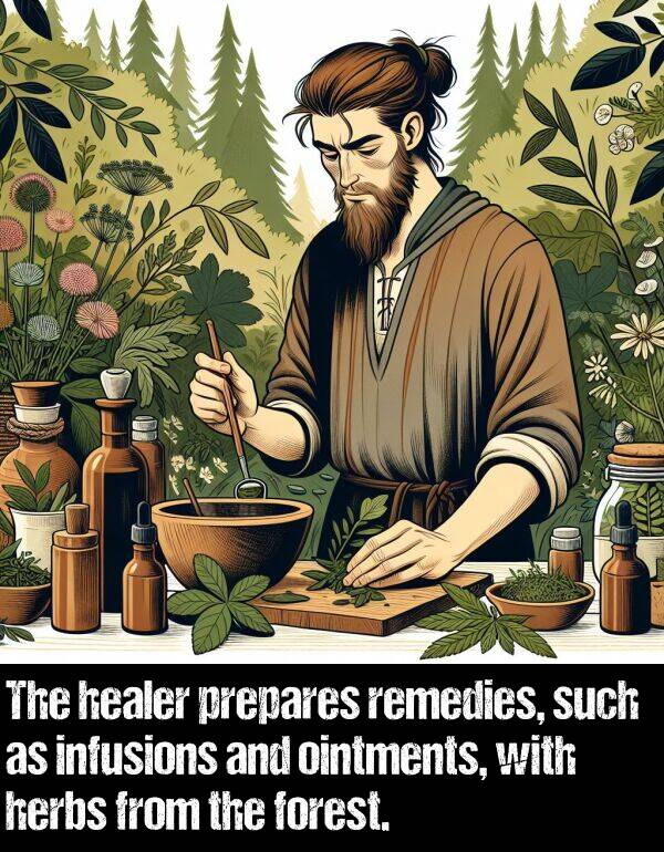healer: The healer prepares remedies, such as infusions and ointments, with herbs from the forest.