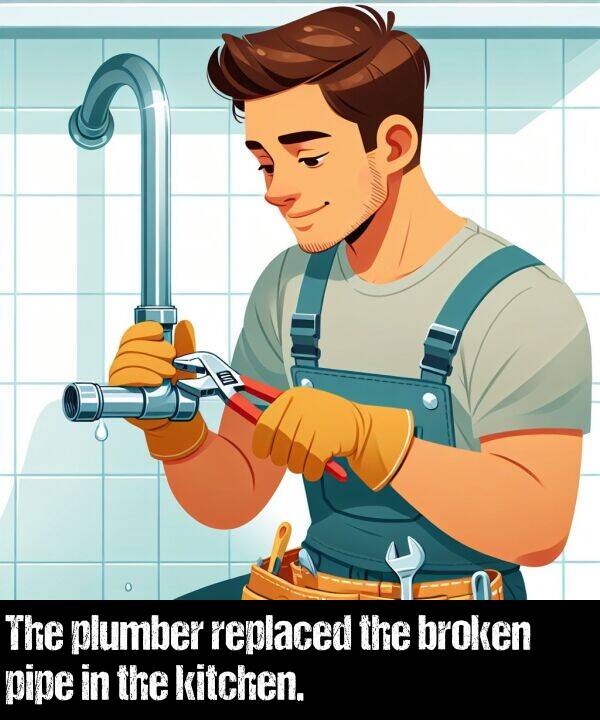 broken: The plumber replaced the broken pipe in the kitchen.
