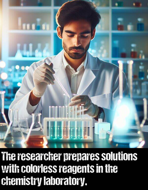 laboratory: The researcher prepares solutions with colorless reagents in the chemistry laboratory.