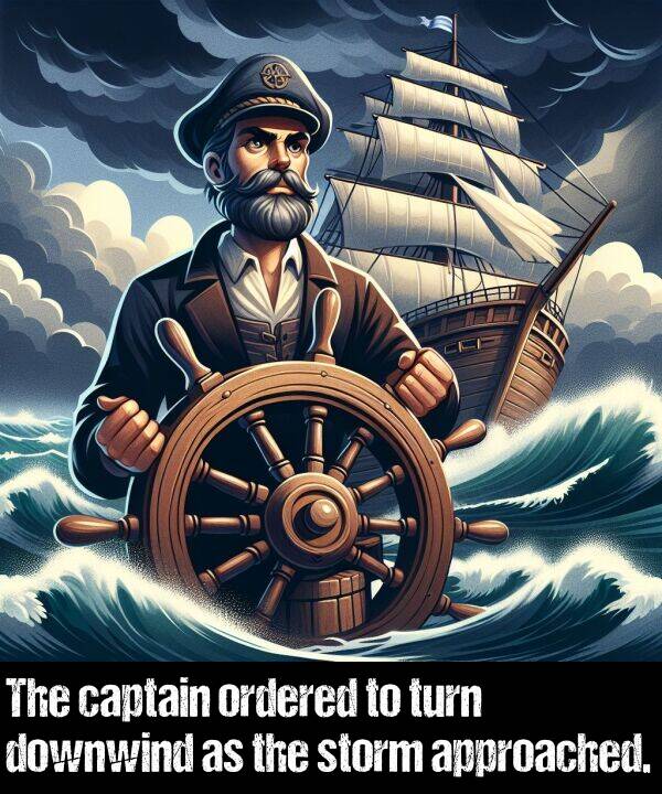 ordered: The captain ordered to turn downwind as the storm approached.