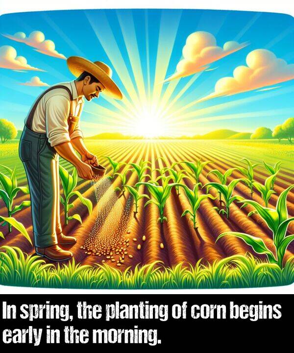 begins: In spring, the planting of corn begins early in the morning.