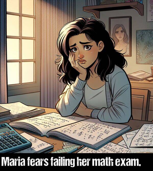 failing: Maria fears failing her math exam.