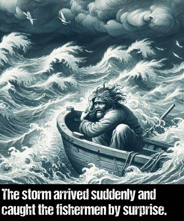 arrived: The storm arrived suddenly and caught the fishermen by surprise.