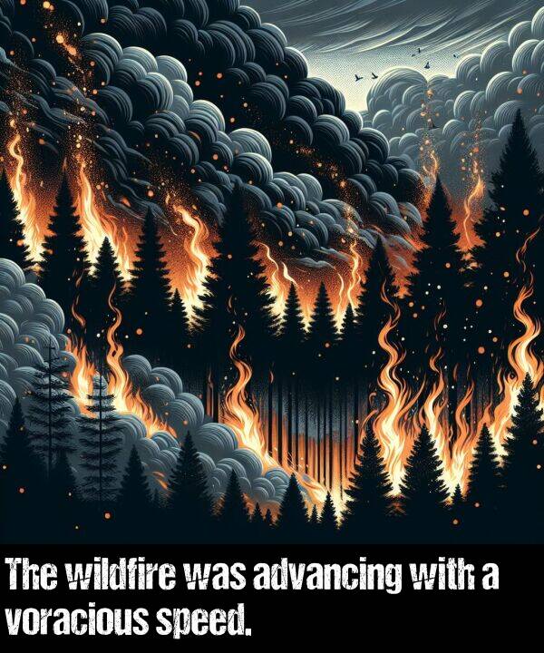 wildfire: The wildfire was advancing with a voracious speed.