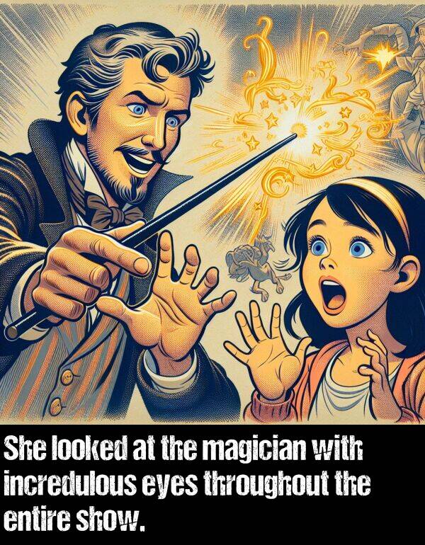 looked: She looked at the magician with incredulous eyes throughout the entire show.