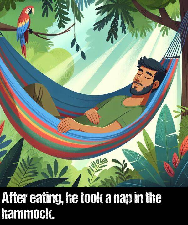 eating: After eating, he took a nap in the hammock.
