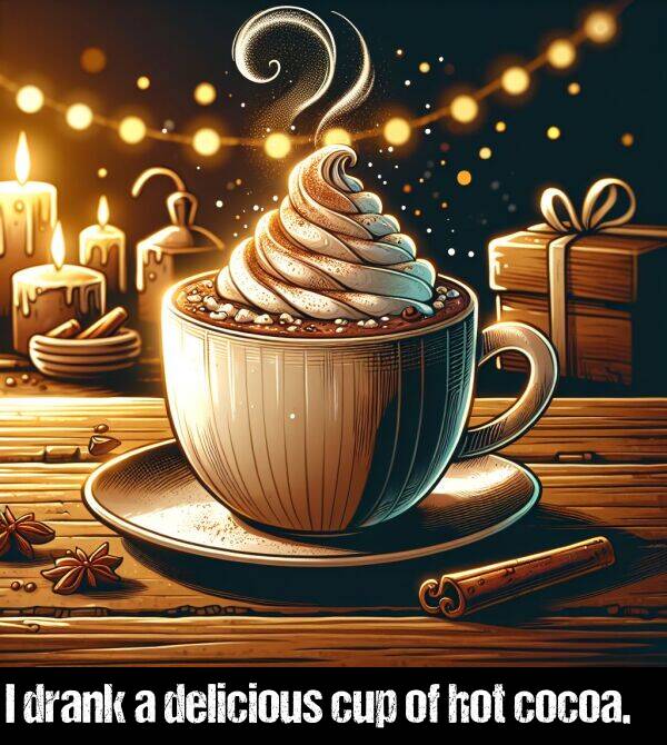 delicious: I drank a delicious cup of hot cocoa.