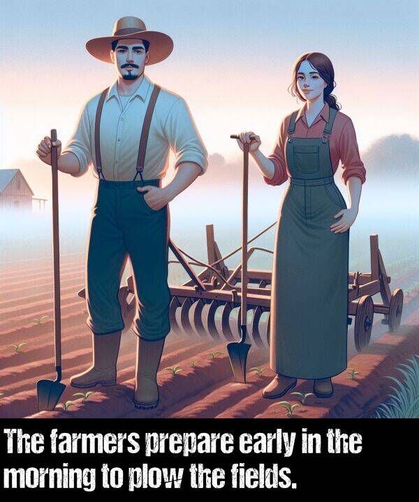 fields: The farmers prepare early in the morning to plow the fields.