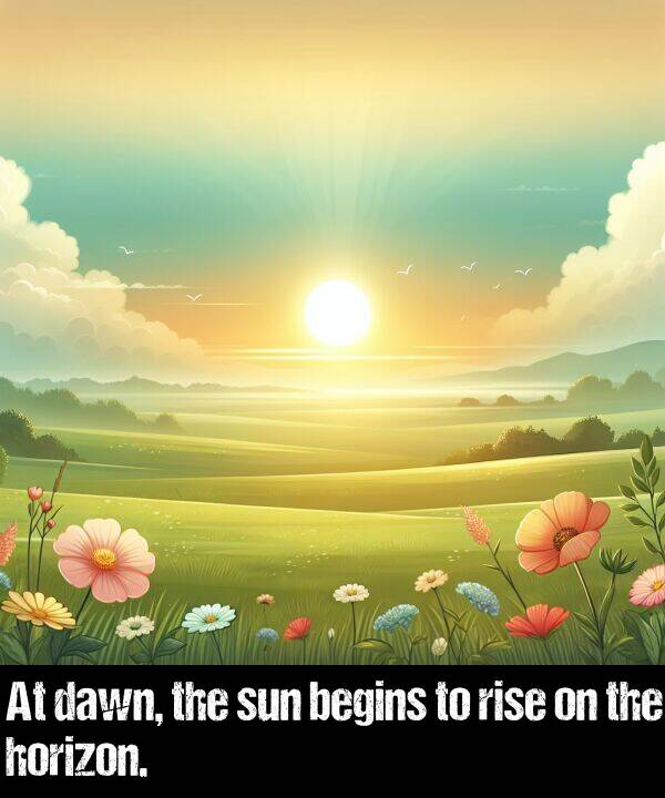 begins: At dawn, the sun begins to rise on the horizon.