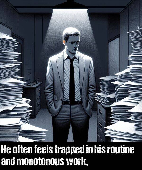 work: He often feels trapped in his routine and monotonous work.