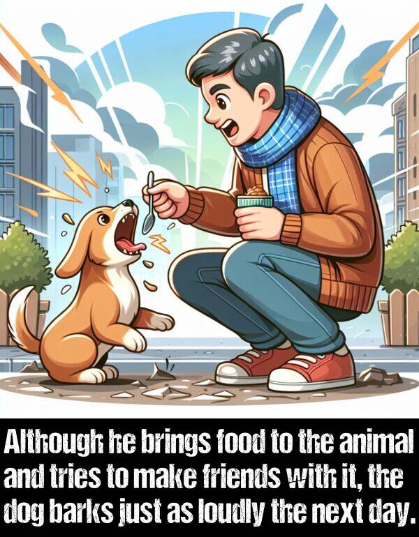 loudly: Although he brings food to the animal and tries to make friends with it, the dog barks just as loudly the next day.