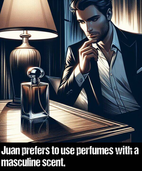 masculine: Juan prefers to use perfumes with a masculine scent.