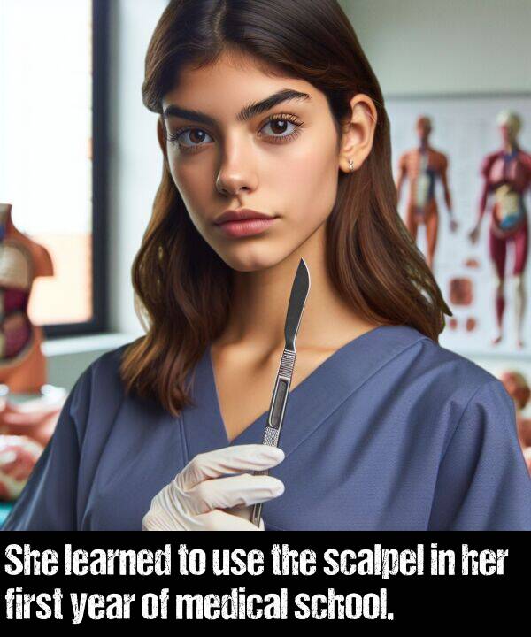learned: She learned to use the scalpel in her first year of medical school.