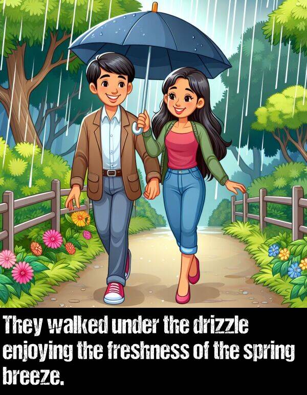 breeze: They walked under the drizzle enjoying the freshness of the spring breeze.