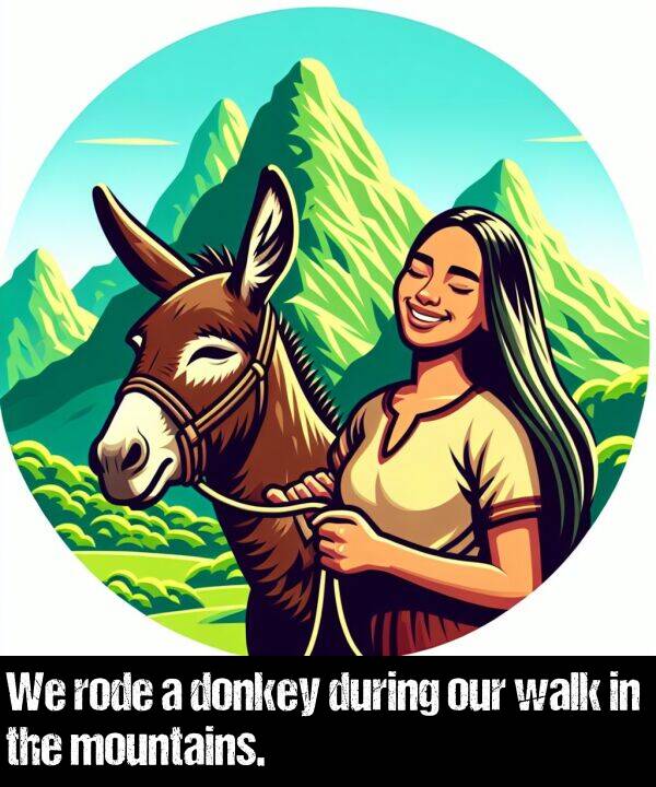 walk: We rode a donkey during our walk in the mountains.
